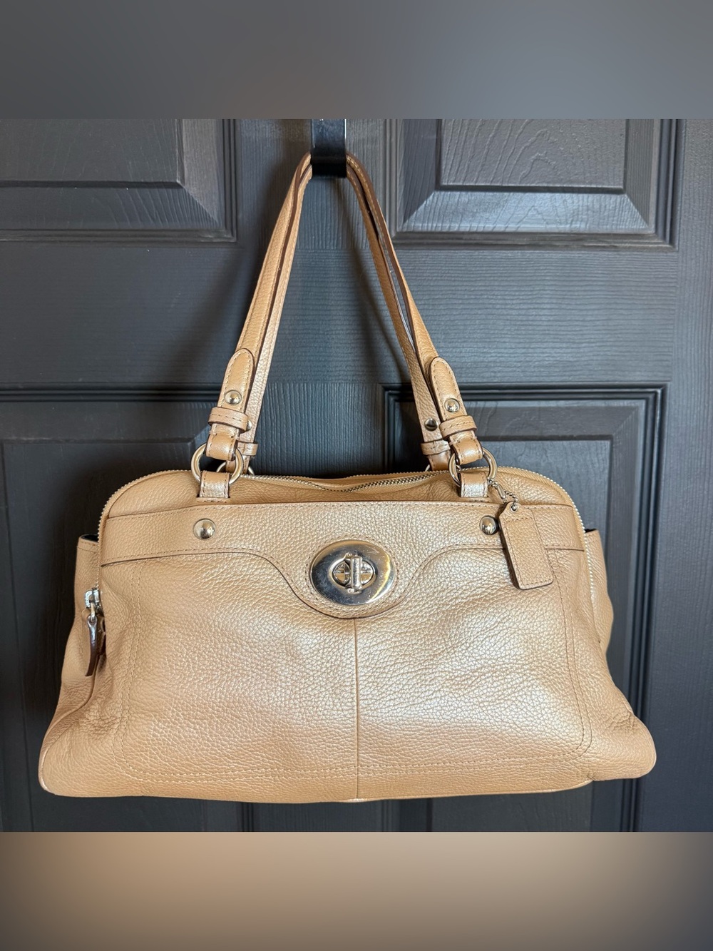 Coach Penelope Tan Pebbled Leather Shoulder Bag with Turn-Lock